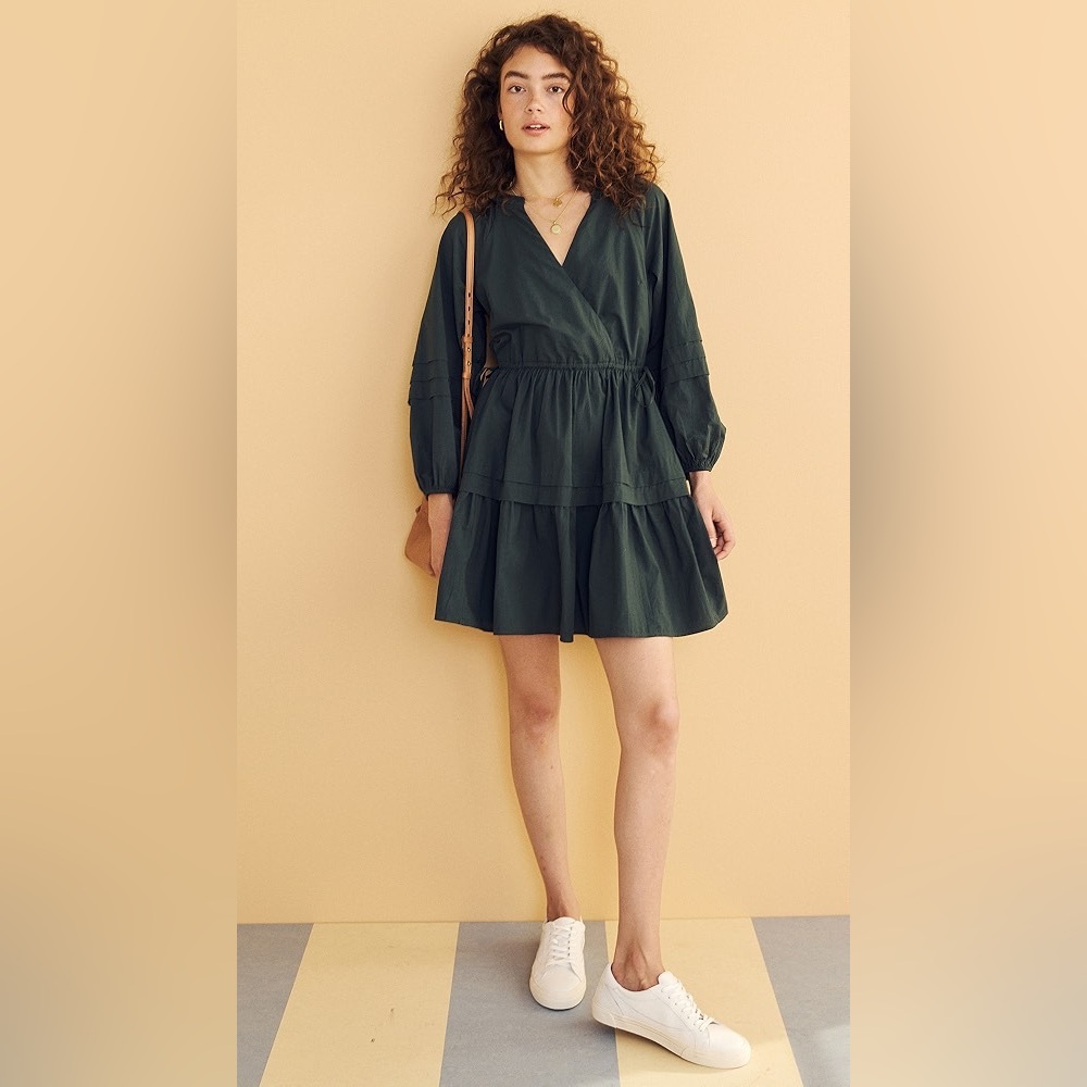 Madewell Crinkled Poplin Wrap Mini Dress, Size S, Dark Green